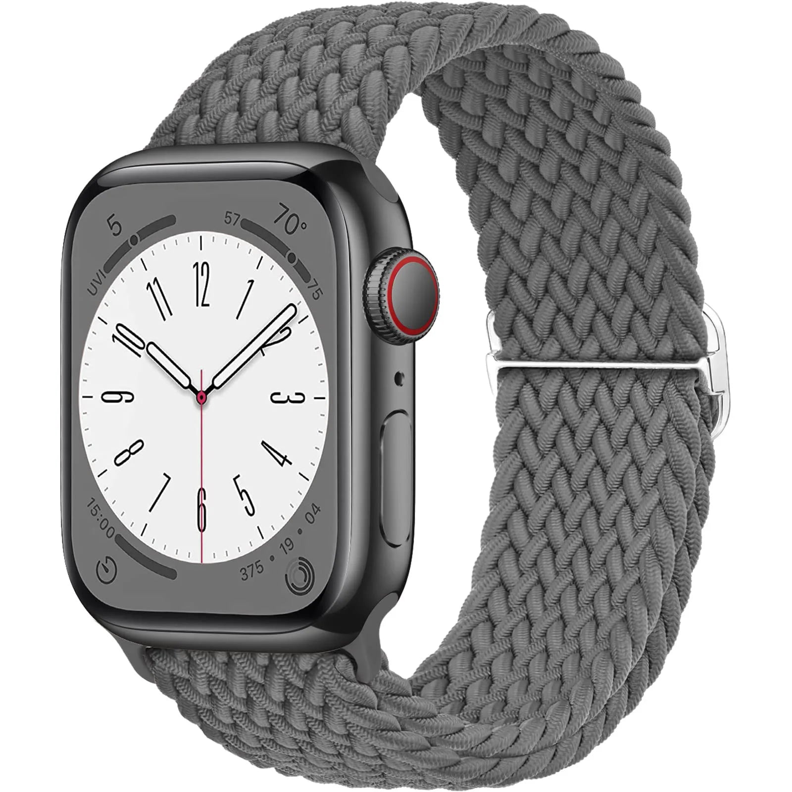 Apple Watch with gray braided nylon strap, showcasing a stylish and comfortable design for daily wear.