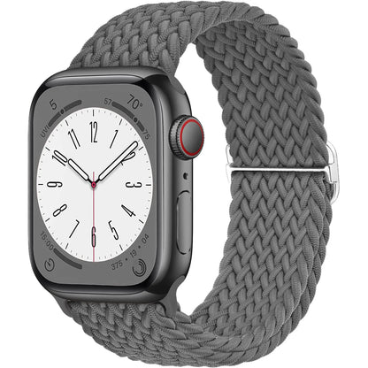 Apple Watch with gray braided nylon strap, showcasing a stylish and comfortable design for daily wear.