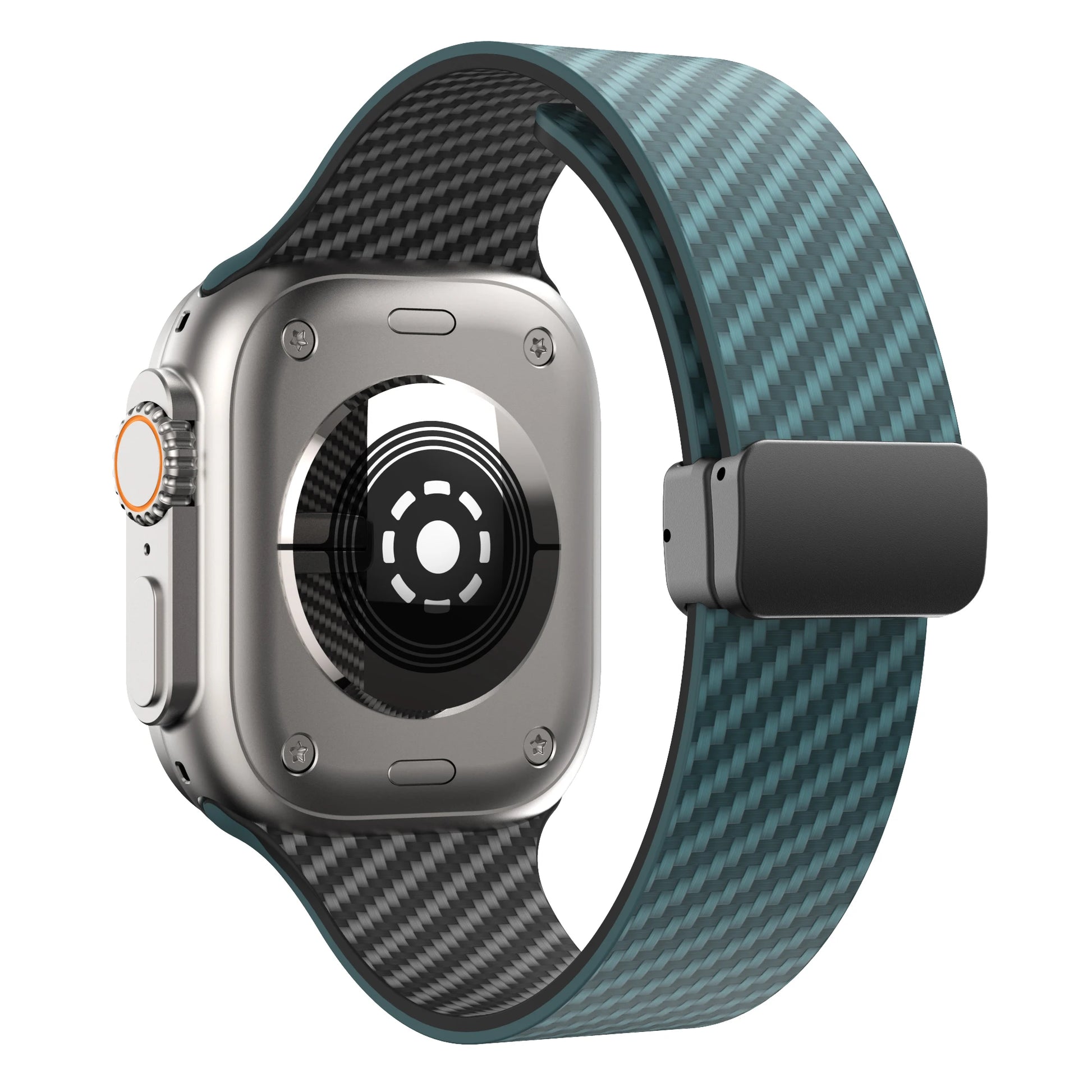 Apple Watch silicone strap with magnetic buckle, durable design, showing back of watch and strap for secure fit.