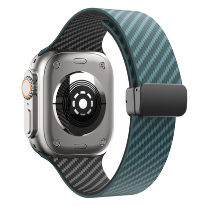 Apple Watch silicone strap with magnetic buckle, durable design, showing back of watch and strap for secure fit.