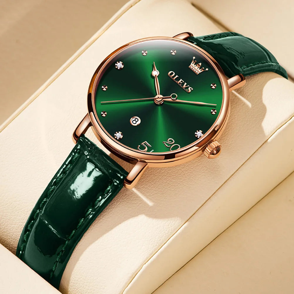 Women's Glossy Leather Date Watch — Green glossy leather watch — BandsCo Straps