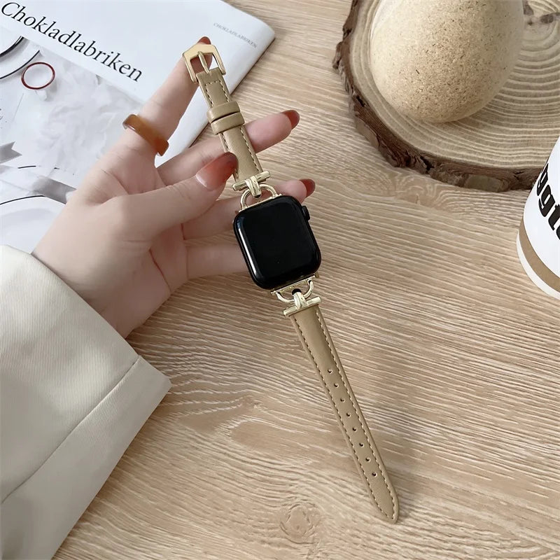 Apple Watch Genuine Leather Strap in hand, showcasing stylish design and premium quality for a classic look.