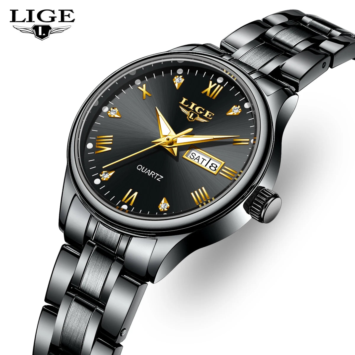 Women's 29mm Day-Date Quartz Bracelet Watch — Black day-date dial close-up