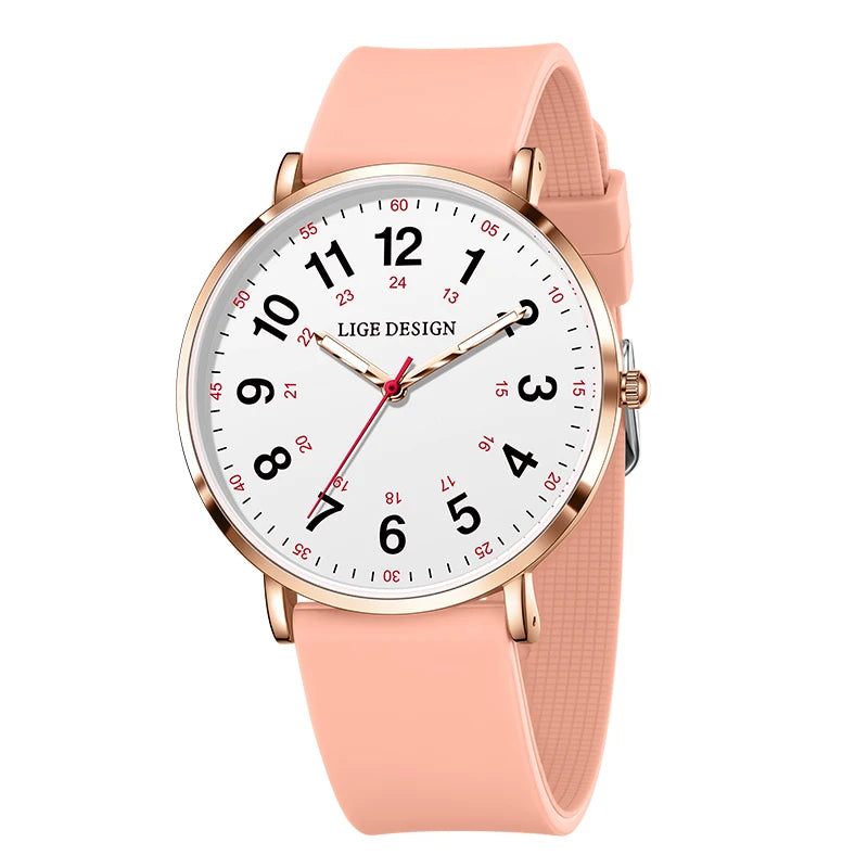 Women's Arabic Numeral Silicone Quartz Watch — Pink / Rose Gold Tone / White Dial — BandsCo Straps