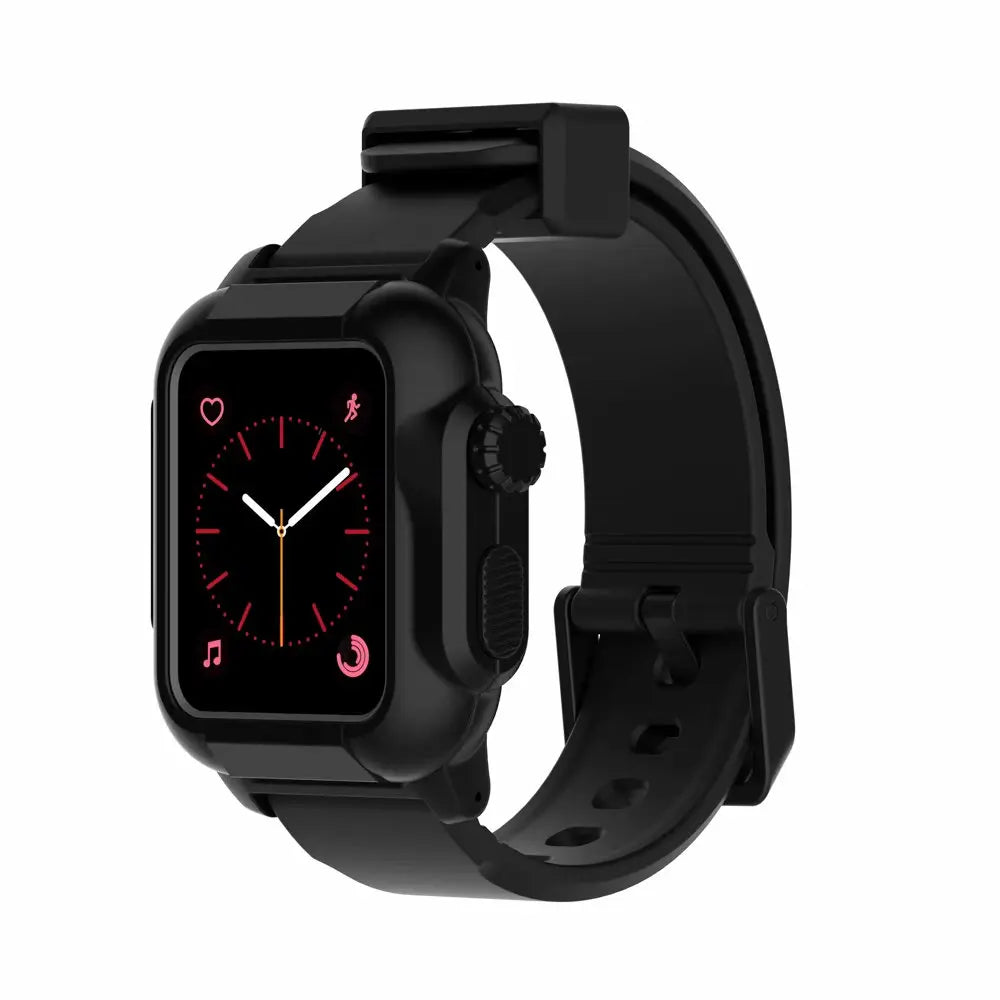 Apple Watch with a black silicone strap showcasing its waterproof luminous design, perfect for style and functionality.