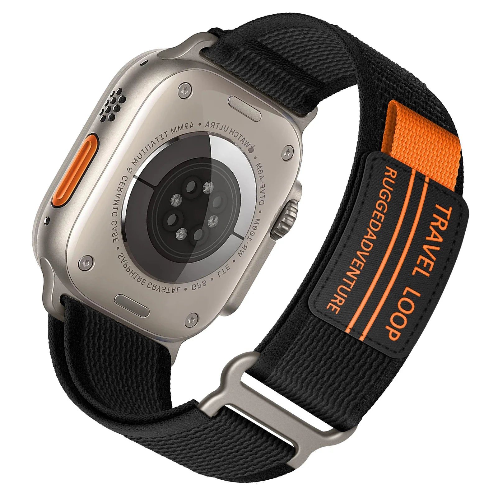 Apple Watch Nylon Band Rugged Trail Loop in black and orange for active lifestyles and outdoor adventures.
