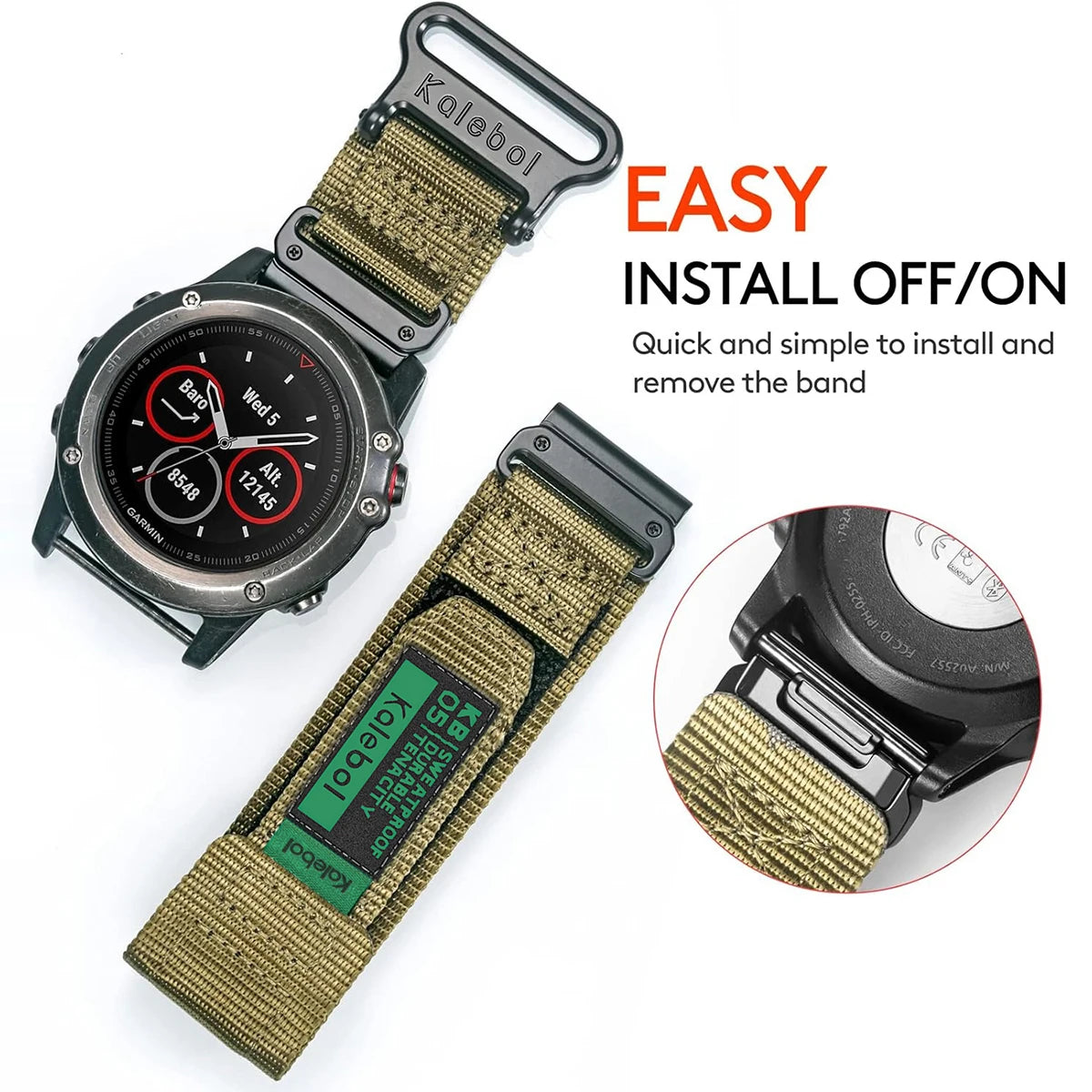 Garmin smartwatch with a nylon loop strap showing easy install feature, designed for comfort and durability.