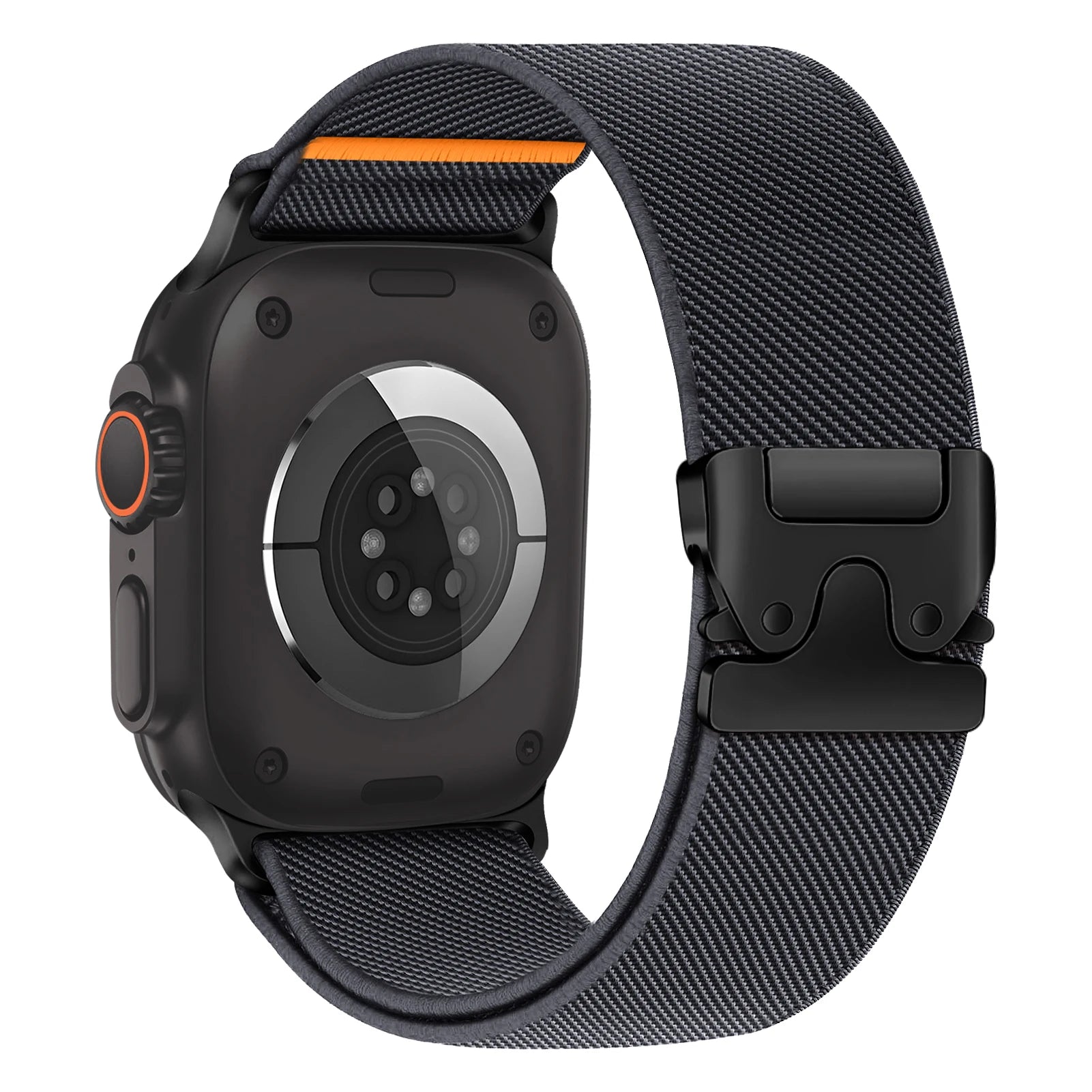 Apple Watch with flexible nylon strap, showcasing a comfortable fit and durable parachute-style buckle.