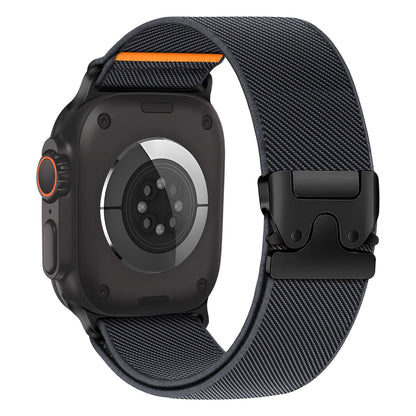 Apple Watch with flexible nylon strap, showcasing a comfortable fit and durable parachute-style buckle.