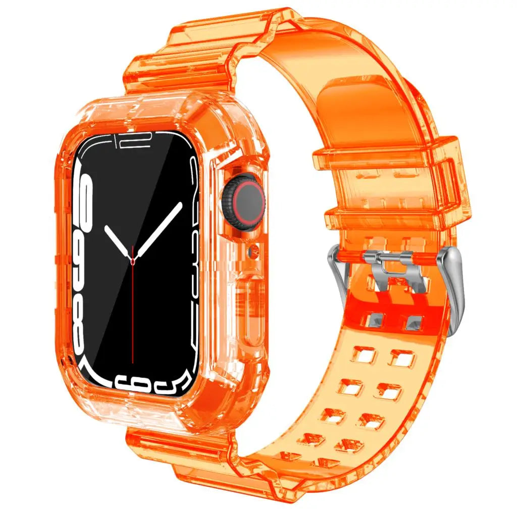 Transparent orange silicone strap for Apple Watch, offering comfort and style for any occasion.