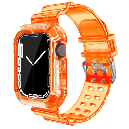 Transparent orange silicone strap for Apple Watch, offering comfort and style for any occasion.