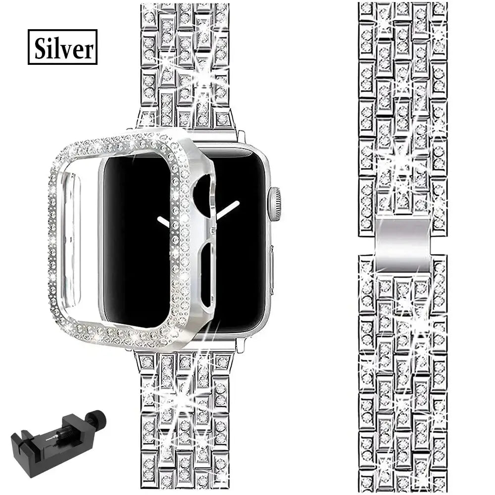 Silver rhinestone Apple Watch bracelet and matching case with adjustment tool