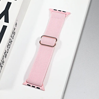 Apple Watch nylon sport loop strap in pink with rose gold buckle, breathable and stylish for workouts and daily wear.