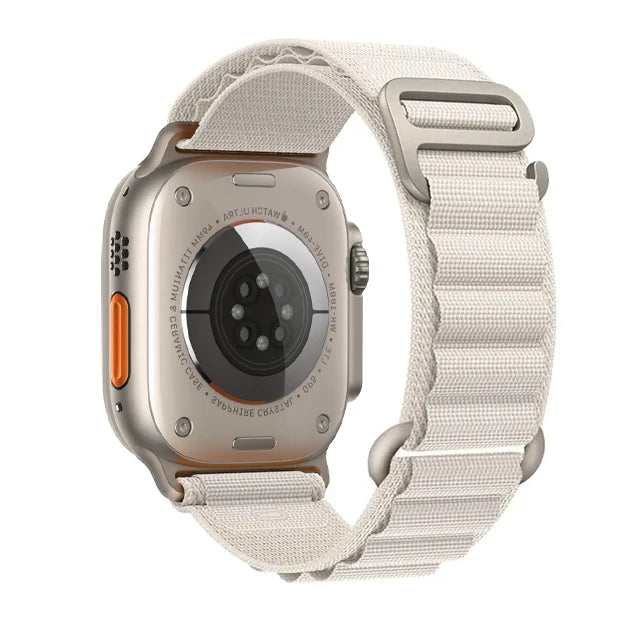 Apple Watch featuring a rugged nylon strap in white, ideal for outdoor adventures and everyday comfort.