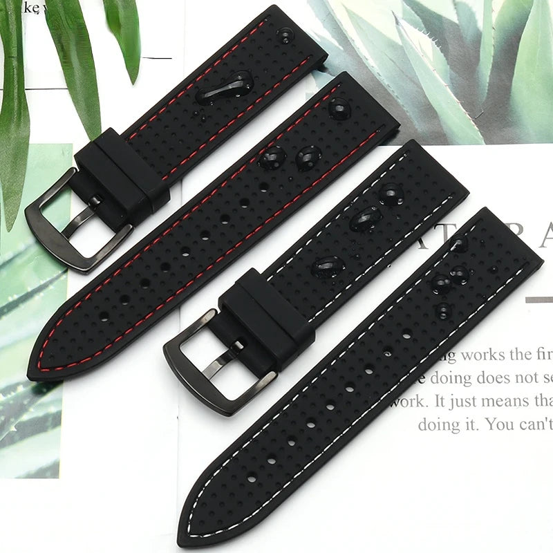 OnePlus Smartwatch Bands Soft Silicone Waterproof Sports Watch Strap in black with red stitching, designed for comfort and durability.