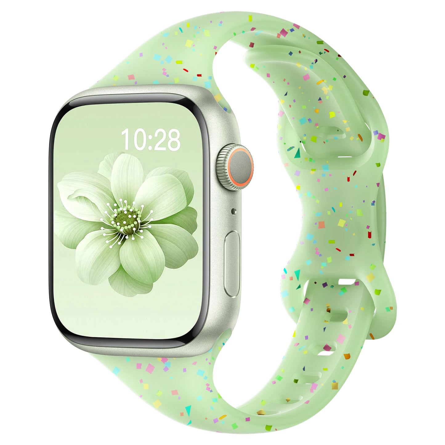 Apple Watch with colorful silicone band featuring a soft green design and playful speckles, ideal for comfort and style.
