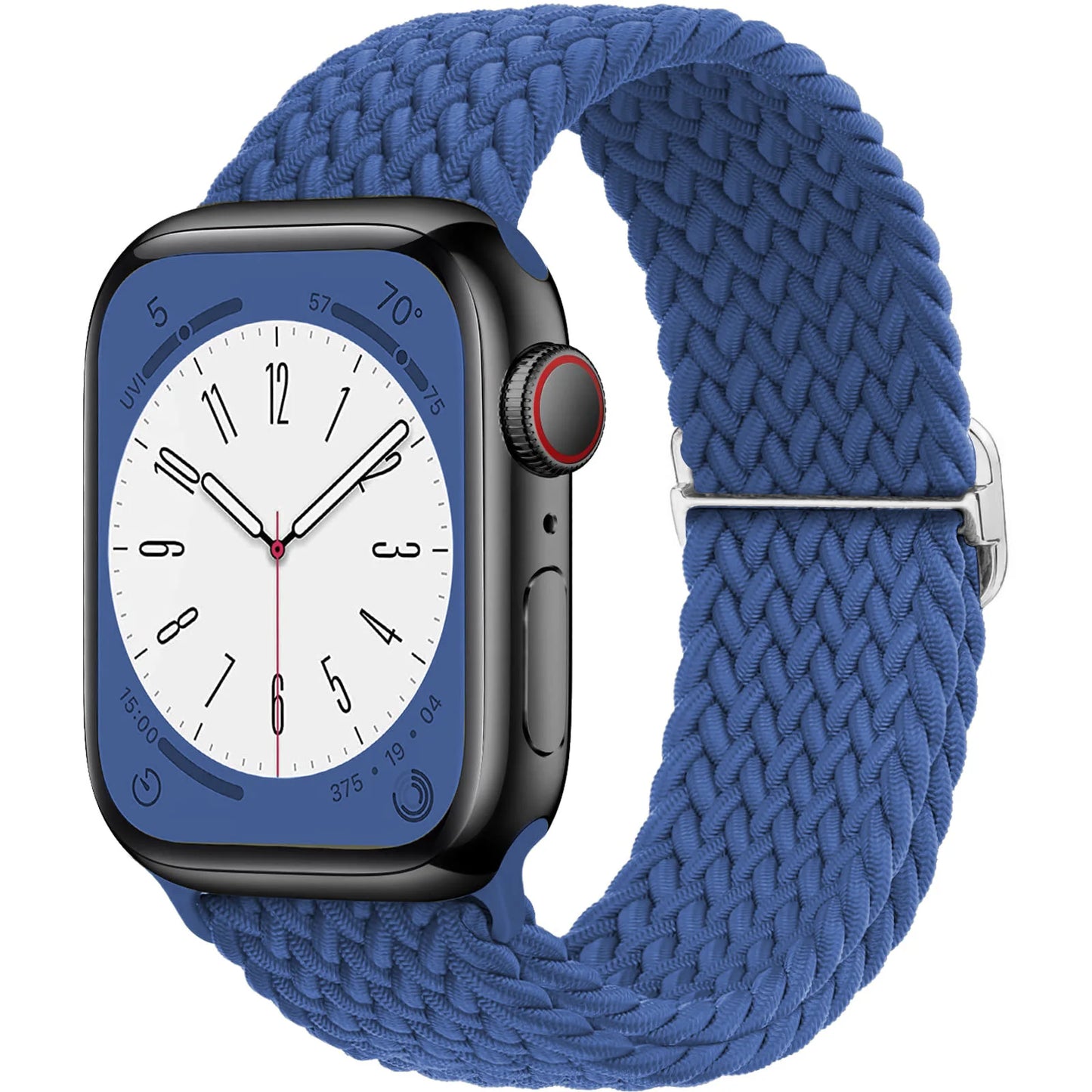 Apple Watch with braided blue nylon strap, showcasing a stylish and comfortable design for daily wear.