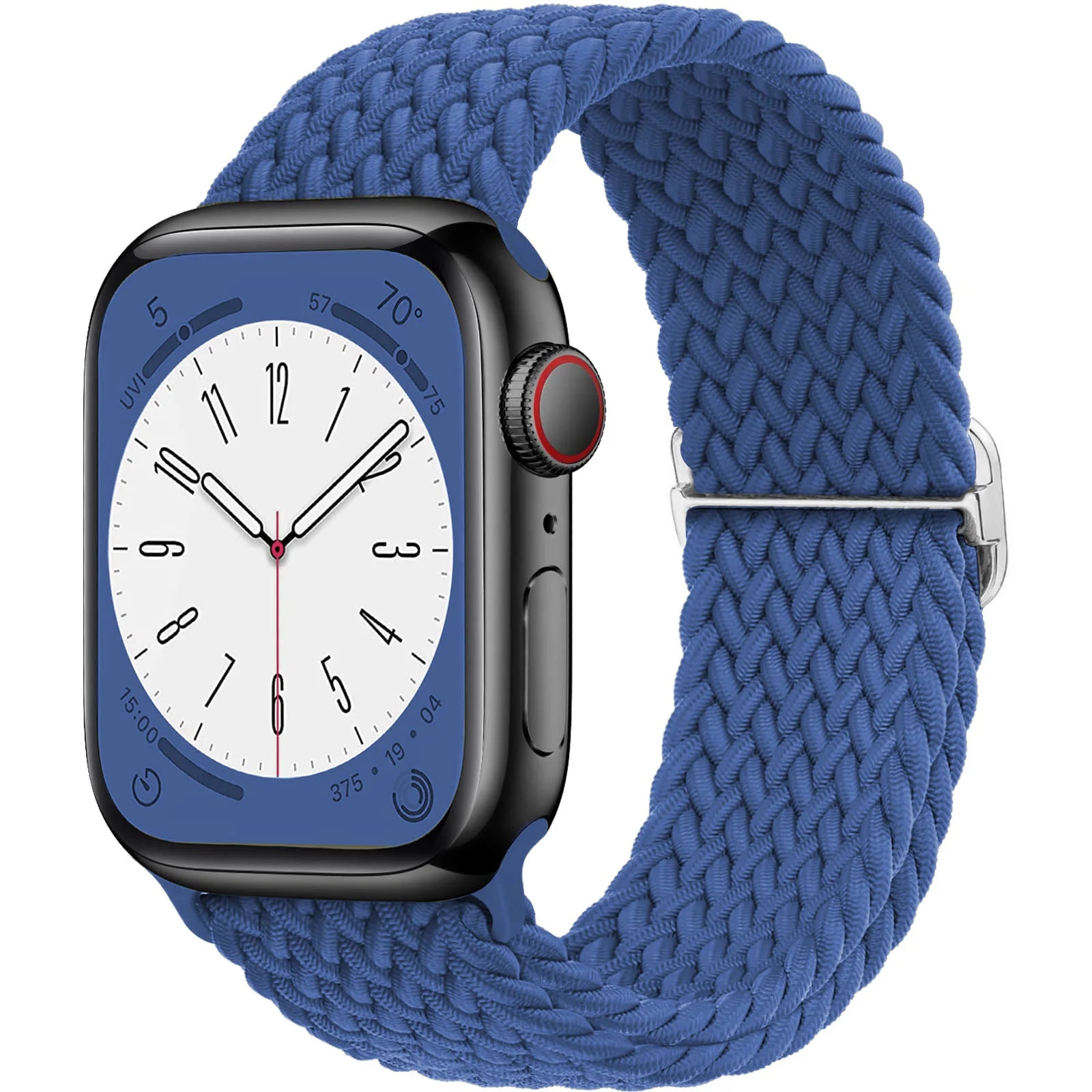 Apple Watch with braided blue nylon strap, showcasing a stylish and comfortable design for daily wear.