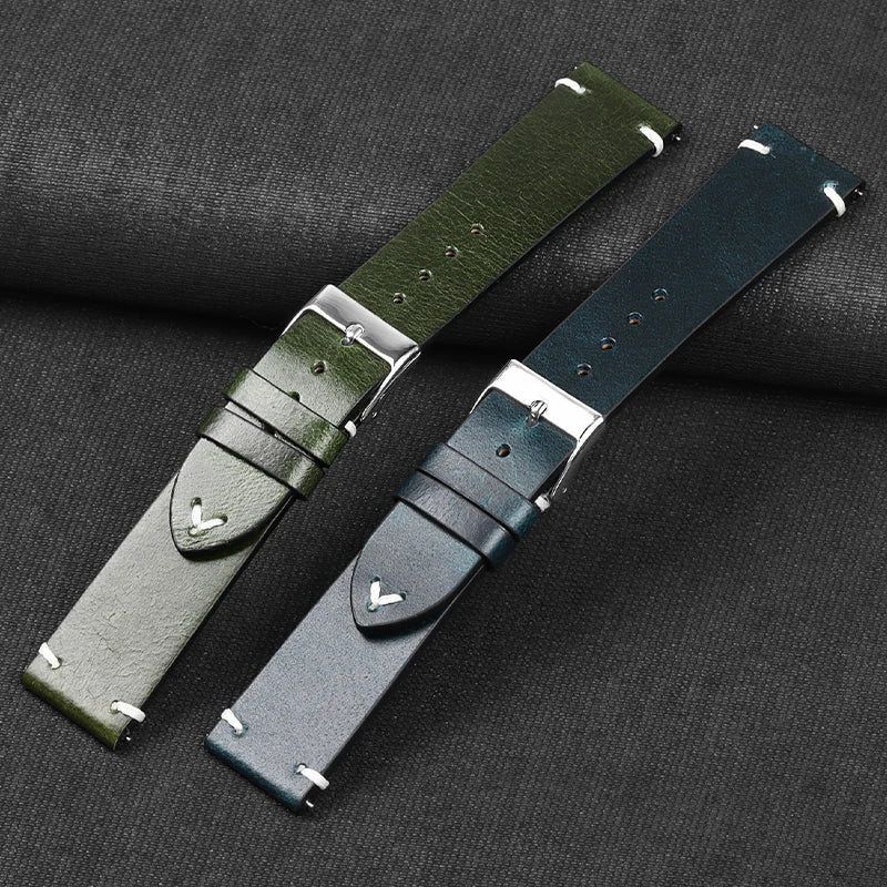 Motorola Moto Oil-Waxed Leather Band with Accent Stitching — Olive and blue leather strap backs