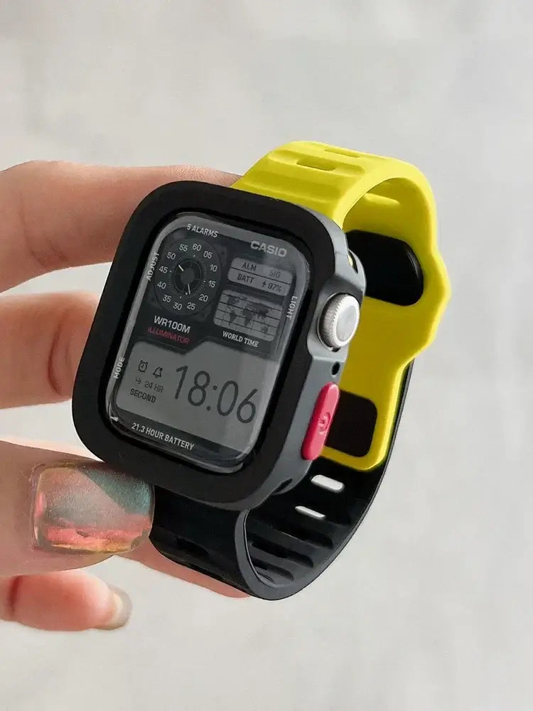 Black / Neon Yellow Apple Watch silicone band and bumper case; case color listed first for two-color combinations.