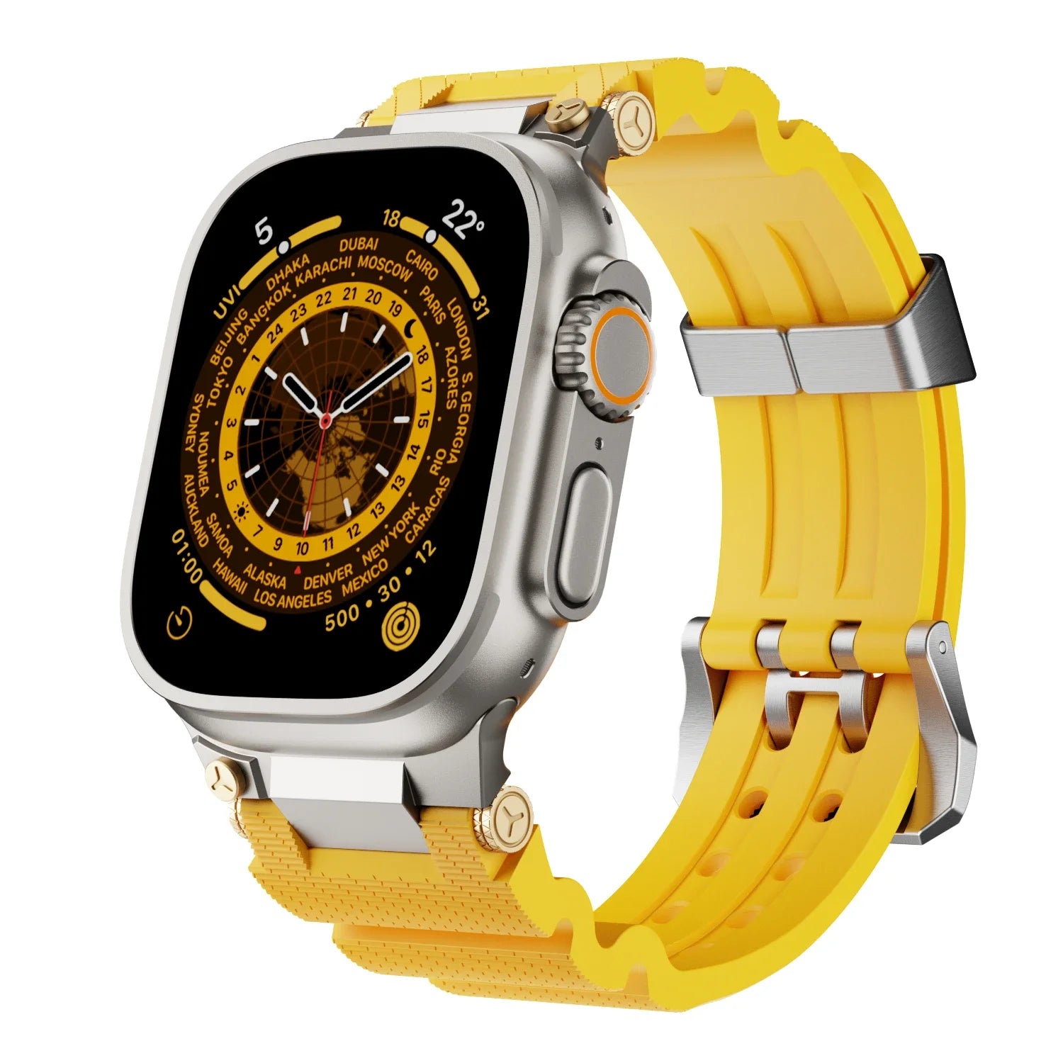 Apple Watch with a vibrant yellow silicone sports strap, waterproof rubber band for active lifestyle.
