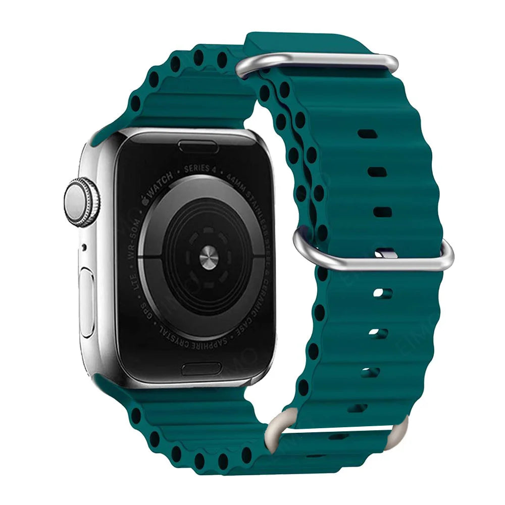 Apple Watch with a teal silicone strap, waterproof and breathable for active lifestyles.