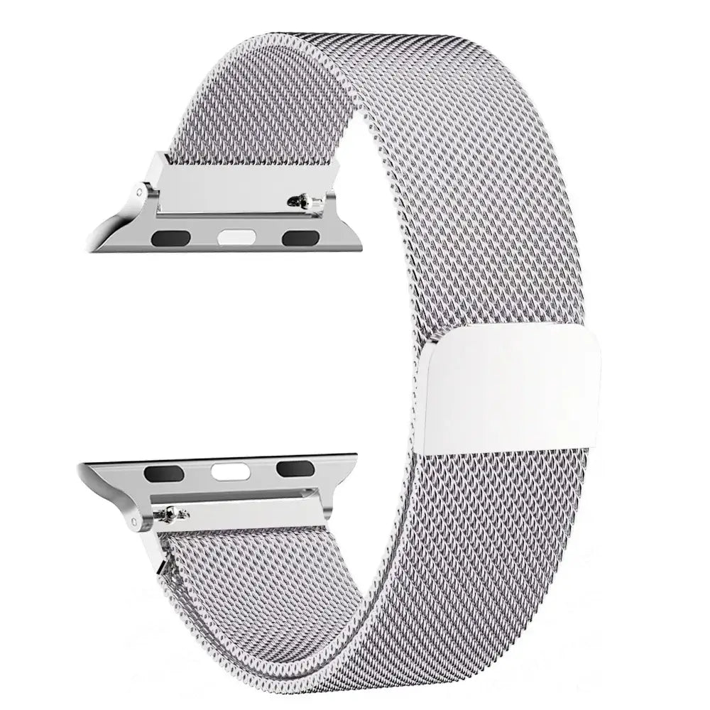 Silver stainless steel mesh Apple Watch band with magnetic closure