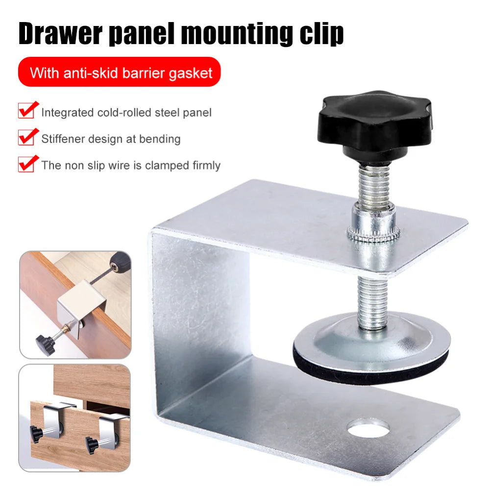 Steel drawer front mounting clamp with padded foot