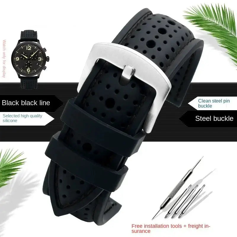 Suunto Perforated Silicone Band with Stitching - Black / Black Stitching / Silver Buckle