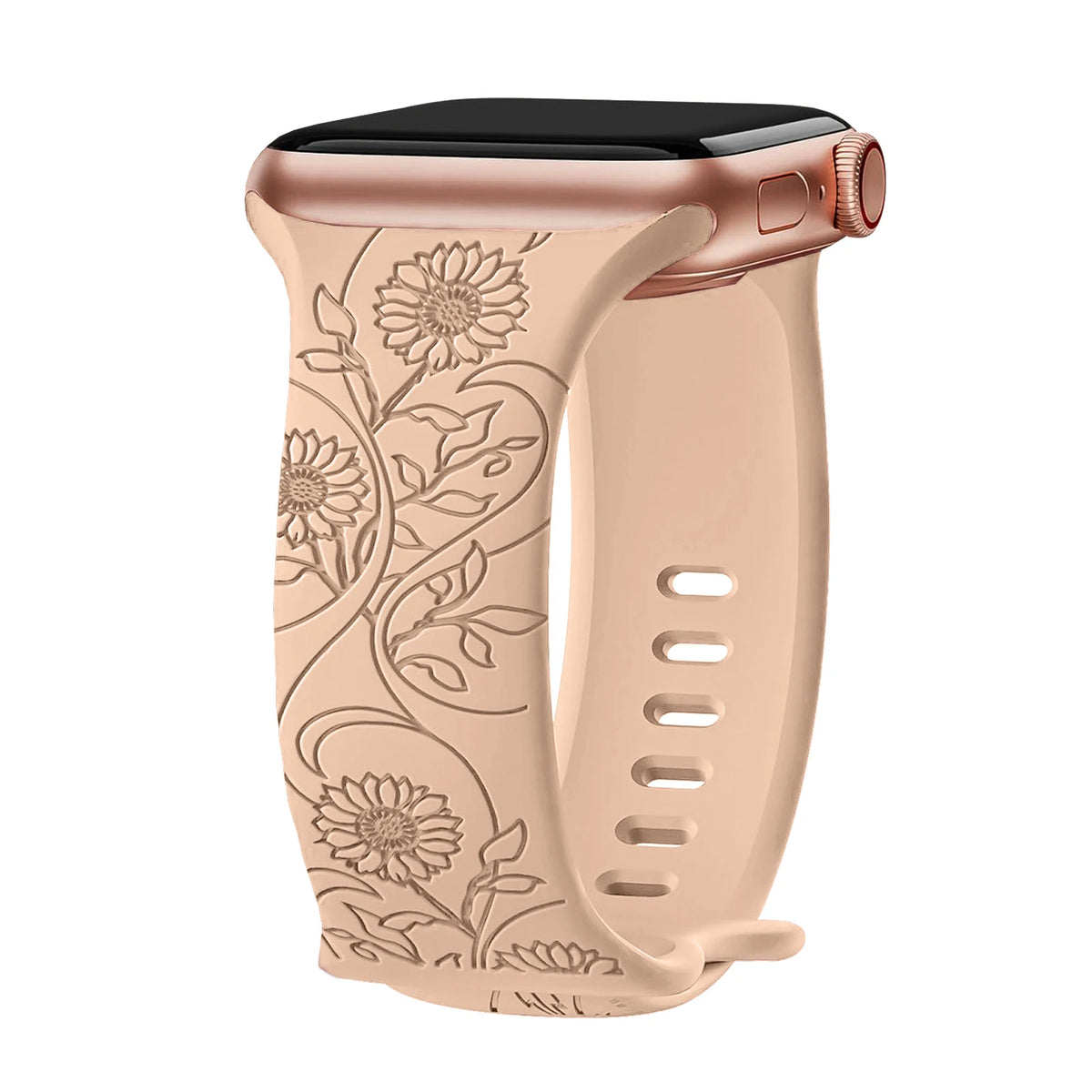 Engraved Botanical Silicone Apple Watch Band in Sand / Sunflower Vine