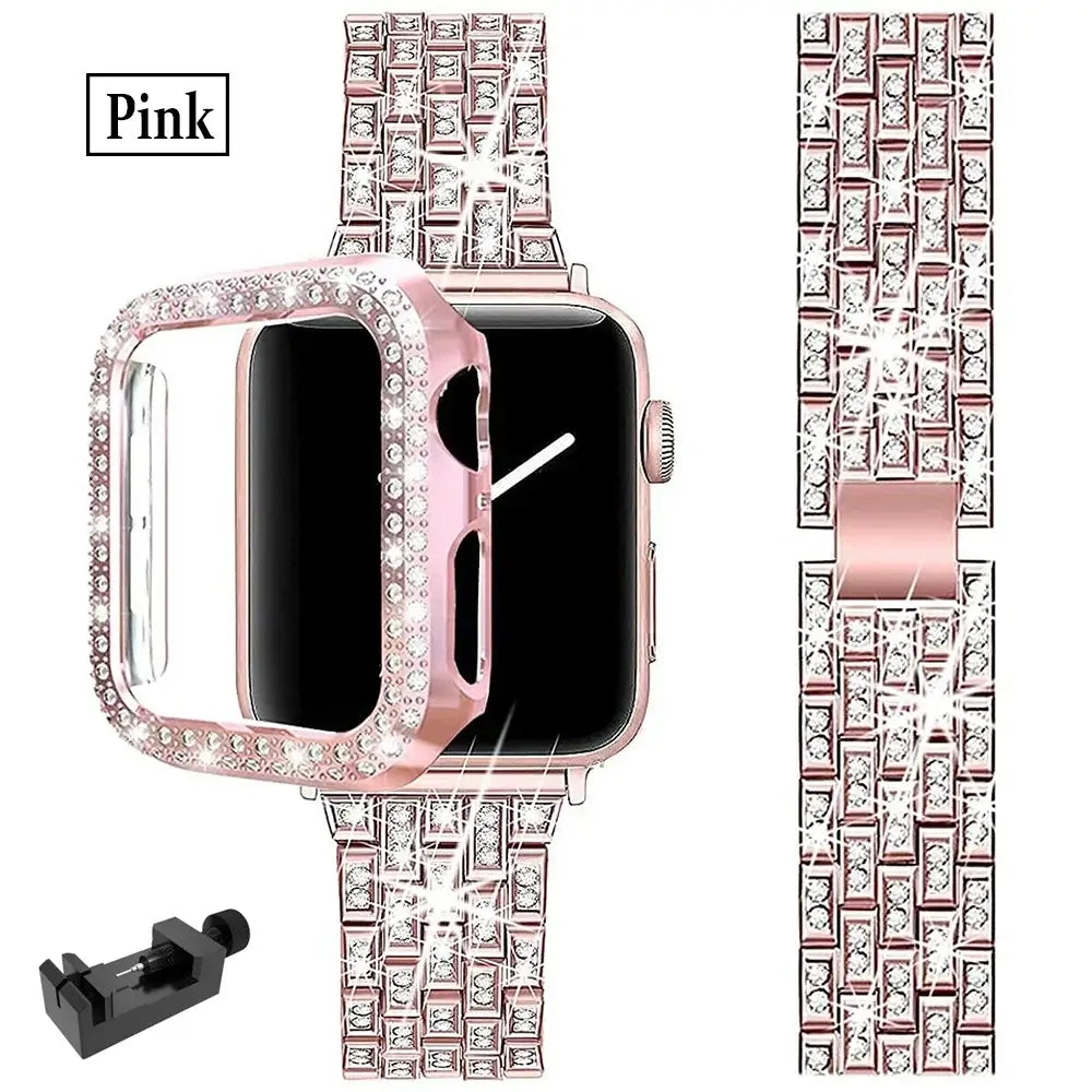 Pink rhinestone Apple Watch bracelet and matching case with adjustment tool