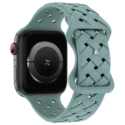 Apple Watch with breathable braided silicone strap in teal, perfect for active lifestyles and all-day comfort.