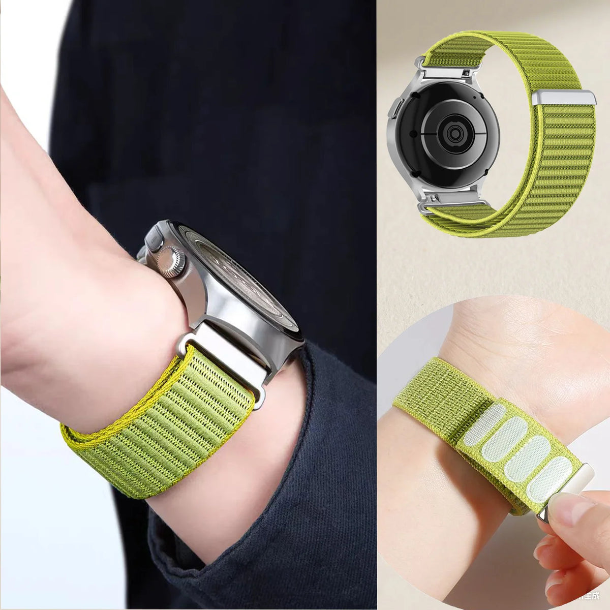 Ribbed Nylon Sport Loop Band for Motorola Moto — Lime green band worn on wrist and fastening detail