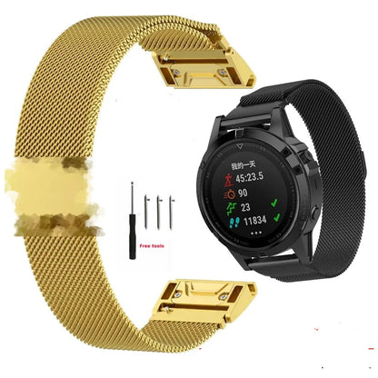 Garmin Metal Milanese Band in gold next to smartwatch, showcasing stylish design and quick fit replacement features.
