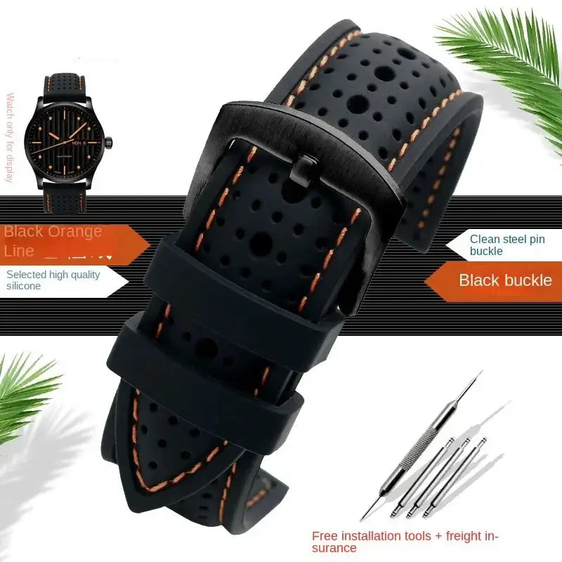 Suunto Perforated Silicone Band with Stitching - Black / Orange Stitching / Black Buckle