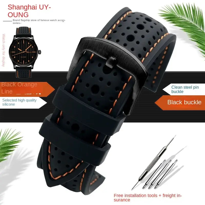 Amazfit Perforated Silicone Band with Contrast Stitching — Black / Orange Stitching / Black Buckle