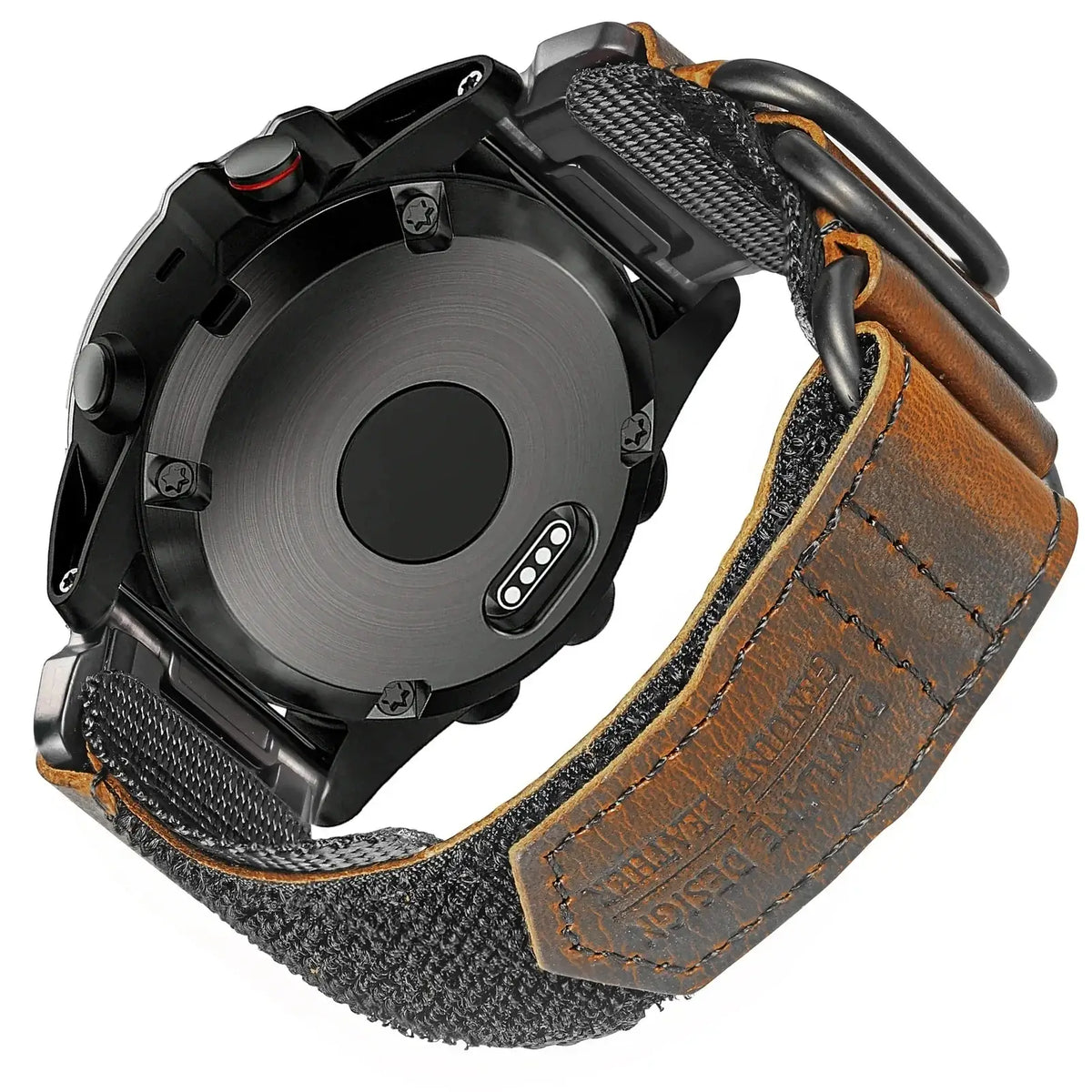 Garmin QuickFit Leather and Nylon Loop Band nylon underside and ring hardware shown on a watch