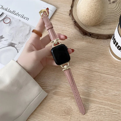 Apple Watch genuine leather strap in pink, showcasing its elegant design and perfect fit for any occasion.
