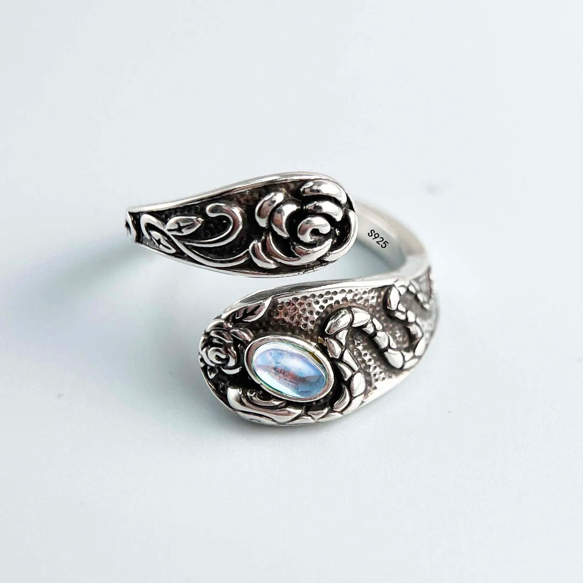 Vintage Simulated Moonstone Wrap Ring, Adjustable, 925 Sterling Silver, photo 8