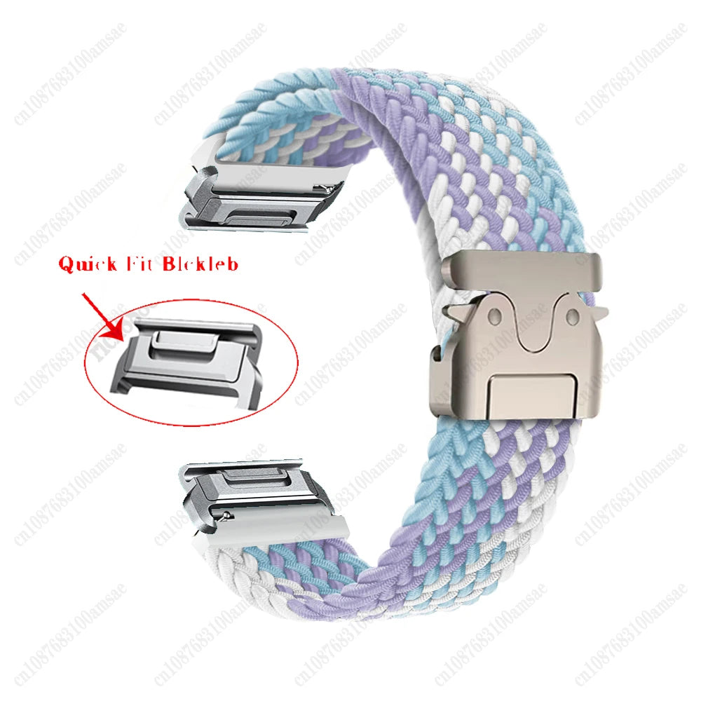 Garmin braided nylon strap in pastel colors with quick fit buckle for smartwatch, durable and lightweight replacement band.