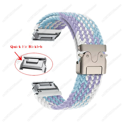 Garmin braided nylon strap in pastel colors with quick fit buckle for smartwatch, durable and lightweight replacement band.