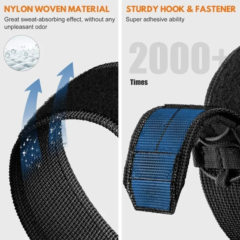Close-up of Apple Watch nylon strap showing sweat-absorbing material and strong hook and fastener design.
