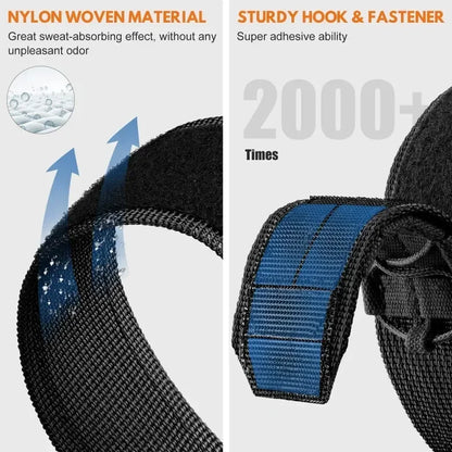 Close-up of Apple Watch nylon strap showing sweat-absorbing material and strong hook and fastener design.