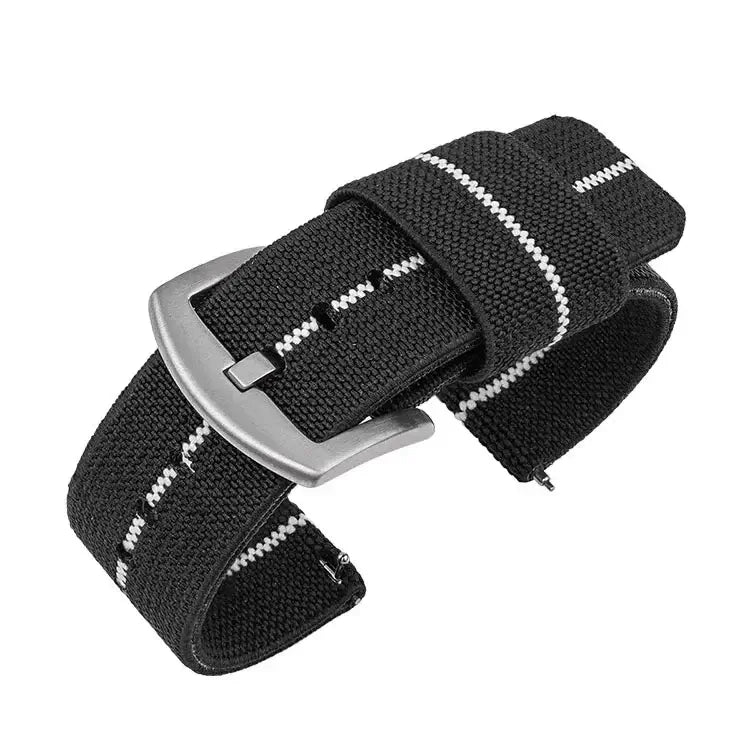 Lightweight black nylon Suunto watch band with white stripes, designed for comfort and easy wear.