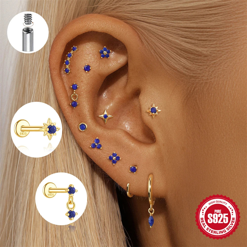 Lapis lazuli round stud earring, 925 sterling silver