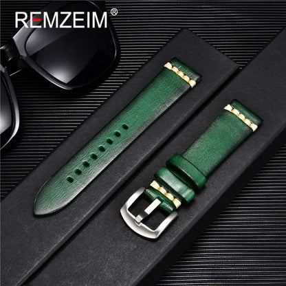 Green leather watch band with silver buckle, stylish design, perfect for upgrading your Suunto watch's look.