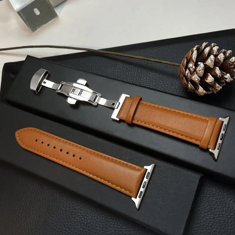 Leather Apple Watch Band with Folding Clasp in Silver / Tan