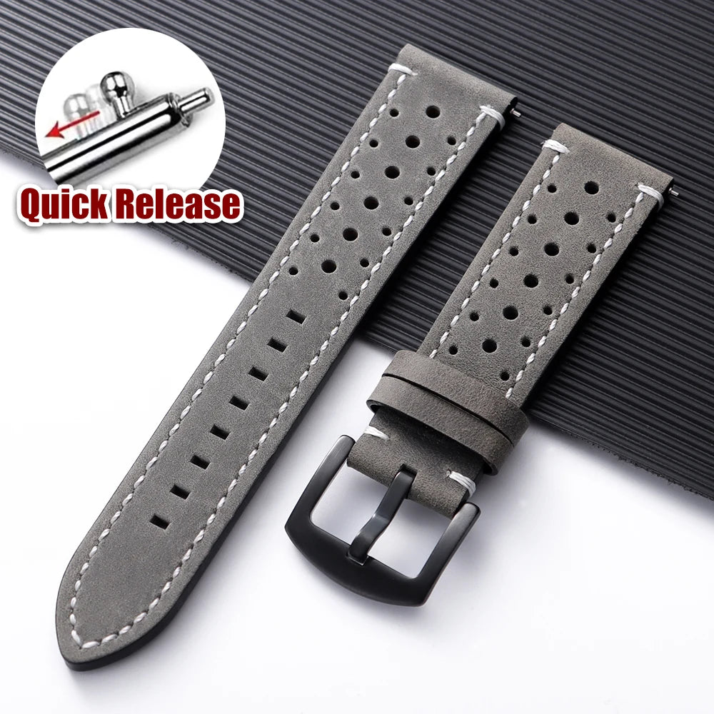 OnePlus Watch Band Quick Release Leather Strap Vintage Brown Wristband with a gray leather design and quick release feature.