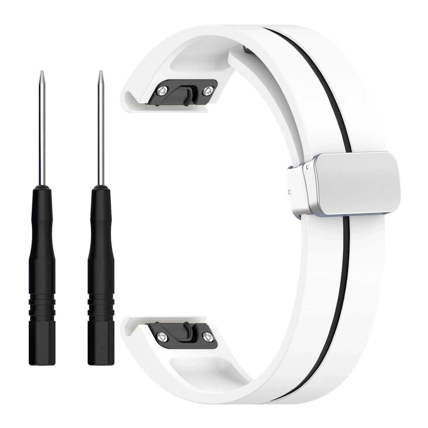 Garmin silicone strap with quick fit design and tool set for easy replacement, ensuring a comfortable smartwatch experience.