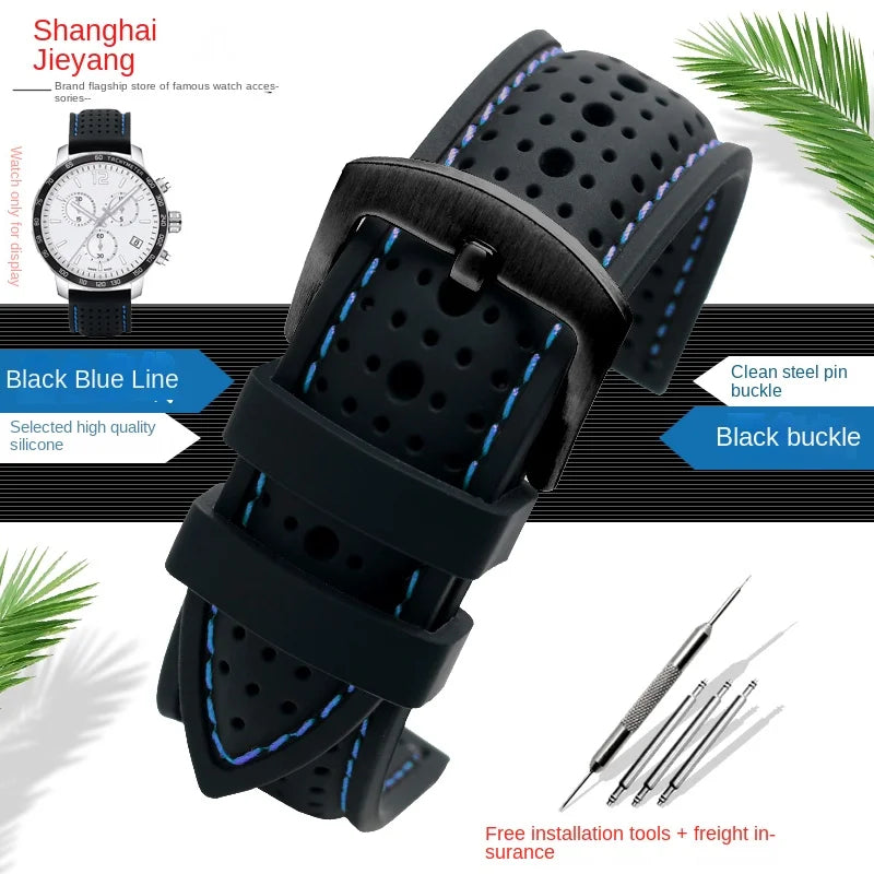 COROS Perforated Silicone Band with Contrast Stitching – Black / Blue Stitching / Black Buckle